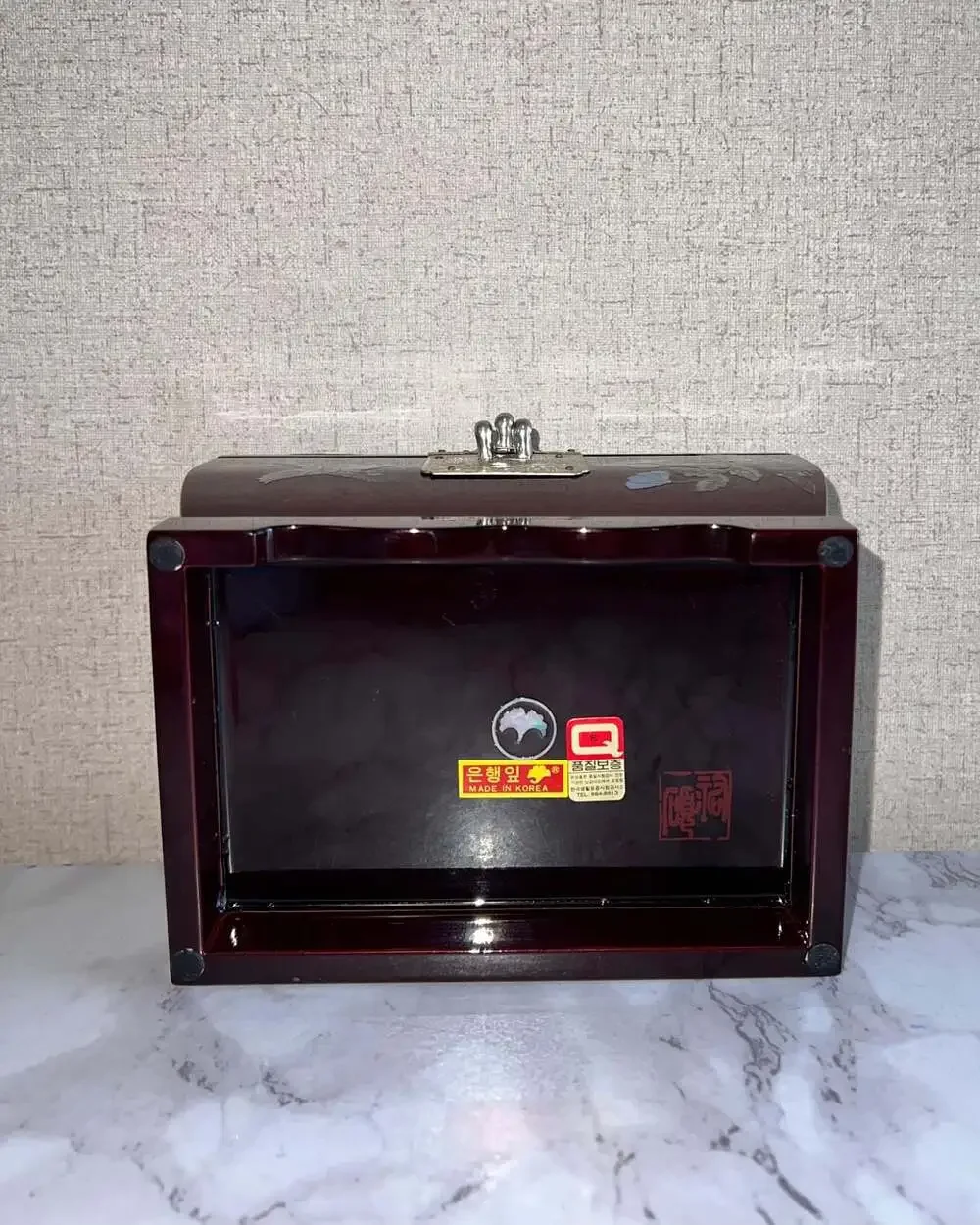 Vintage Korean Red Brown Lacquered Jewelry Box With Mother Of Pearl Birds 6.75